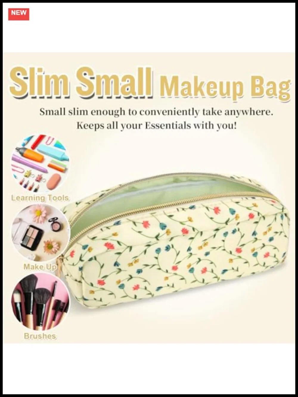 Waterproof Nylon Floral Makeup Bag Slim Cosmetic Pouch with Gold Zipper for